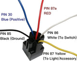 5-Pin 12 VDC tyco relay socket harness with color-coded wires for electrical connections.