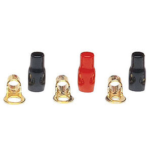 Raptor R838RT MID SERIES gold ring terminals, featuring black, red, and gold connectors for reliable connections.