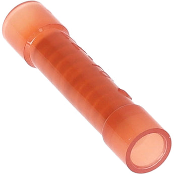 Red nylon butt connector, 22-18 gauge, durable and economical for connecting wires.