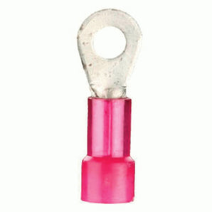 Install Bay RNRT14 red nylon ring terminal for 22-18 gauge wires, suitable for electrical connections.