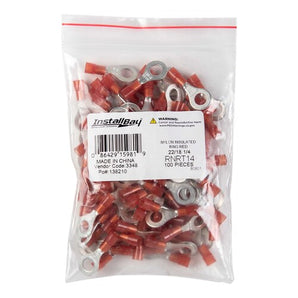 Install Bay RNRT14 Red Nylon Ring Terminal 22-18 Gauge package of 100 terminals in clear bag