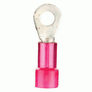 Install Bay RNRT38 nylon ring terminal in red, 22-18 gauge, with 3/8 inch opening, suitable for various electrical applications.