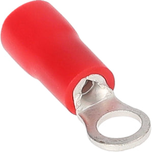Close-up of an Install Bay RVRT10 red vinyl ring terminal, designed for 22-18 gauge wires.