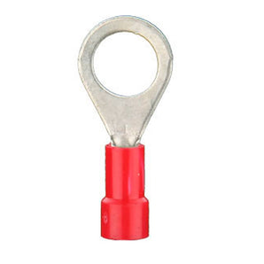 Install Bay RVRT14 red vinyl ring terminal for 22-18 gauge wire, 1/4 inch, included in package of 100.