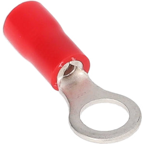 Close-up of a red vinyl ring terminal designed for 22-18 gauge wires, showcasing its metal connection.