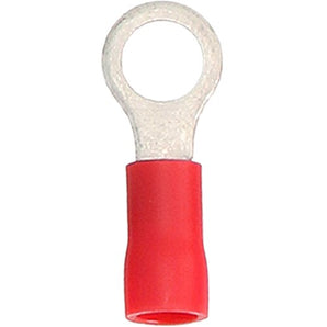 Close-up of a red vinyl ring terminal designed for 22-18 gauge wires, showcasing its metal connection.