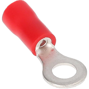 Red vinyl ring terminal for 22-18 gauge wire, featuring a metal ring connector, ideal for electrical connections.