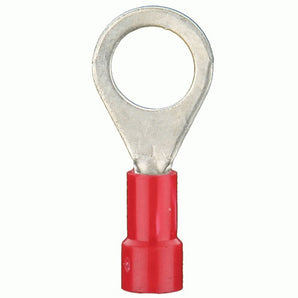 Image of a red vinyl ring terminal for 8 gauge wire, featuring a metal ring and red vinyl insulation.