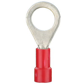 Install Bay RVRT814 red vinyl ring terminal 8 gauge 1/4 inch showing circular metal end and red insulation.