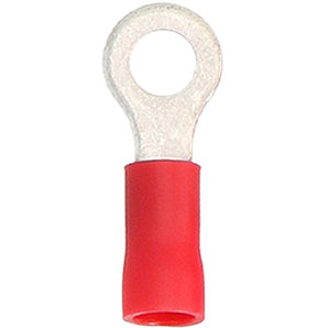 Red vinyl ring terminal for 22-18 gauge wire, featuring a metal ring connector, ideal for electrical connections.
