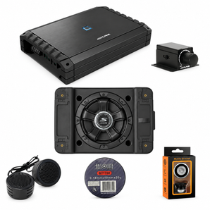Alpine S2-A55V 5-Ch Amplifier + SS-SB10 10" Shallow Loaded Subwoofer + RUX-KNOB.2 Bass Knob + Accessory Bundle