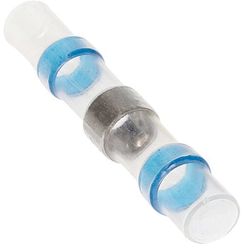  Install Bay SHSBBC blue butt connector with solder for 16/14 GA wires, designed for reliable electrical connections.