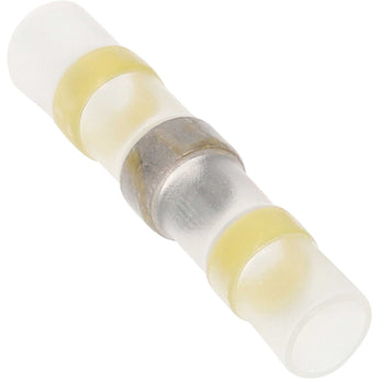 Install Bay SHSYBC-50 heat shrink yellow butt connector with solder for 12/10 GA wire, showcasing clear and yellow design.