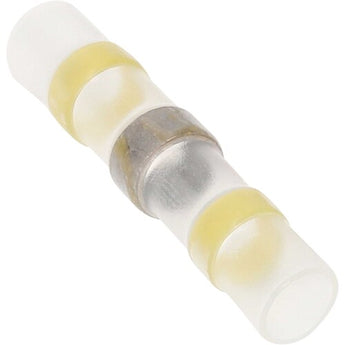 Install Bay SHSYBC heat shrink yellow butt connector with solder, 12/10 GA design, used for electrical connections.