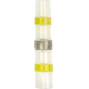 Install Bay SHSYBC heat shrink yellow butt connector with solder, 12/10 GA design, used for electrical connections.