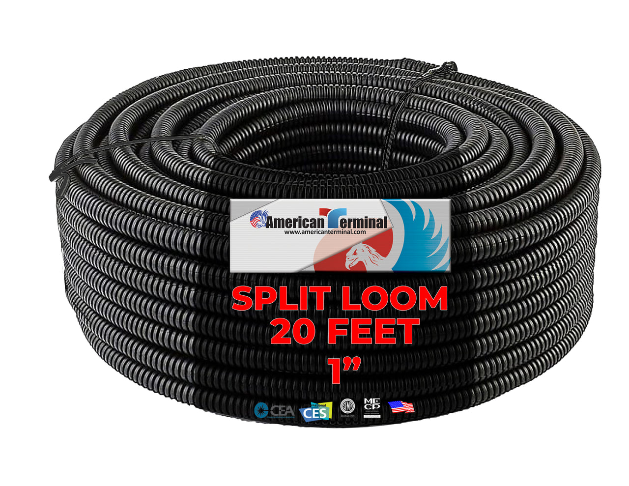 American Terminal ASLT1-20 20' 1" 25mm Split Wire Loom Conduit Polyethylene Corrugated Tubing Sleeve Tube