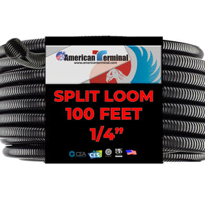 American Terminal 100 Ft. 1/4" Split Wire Loom Conduit Polyethylene Tubing Black Color Sleeve Tube