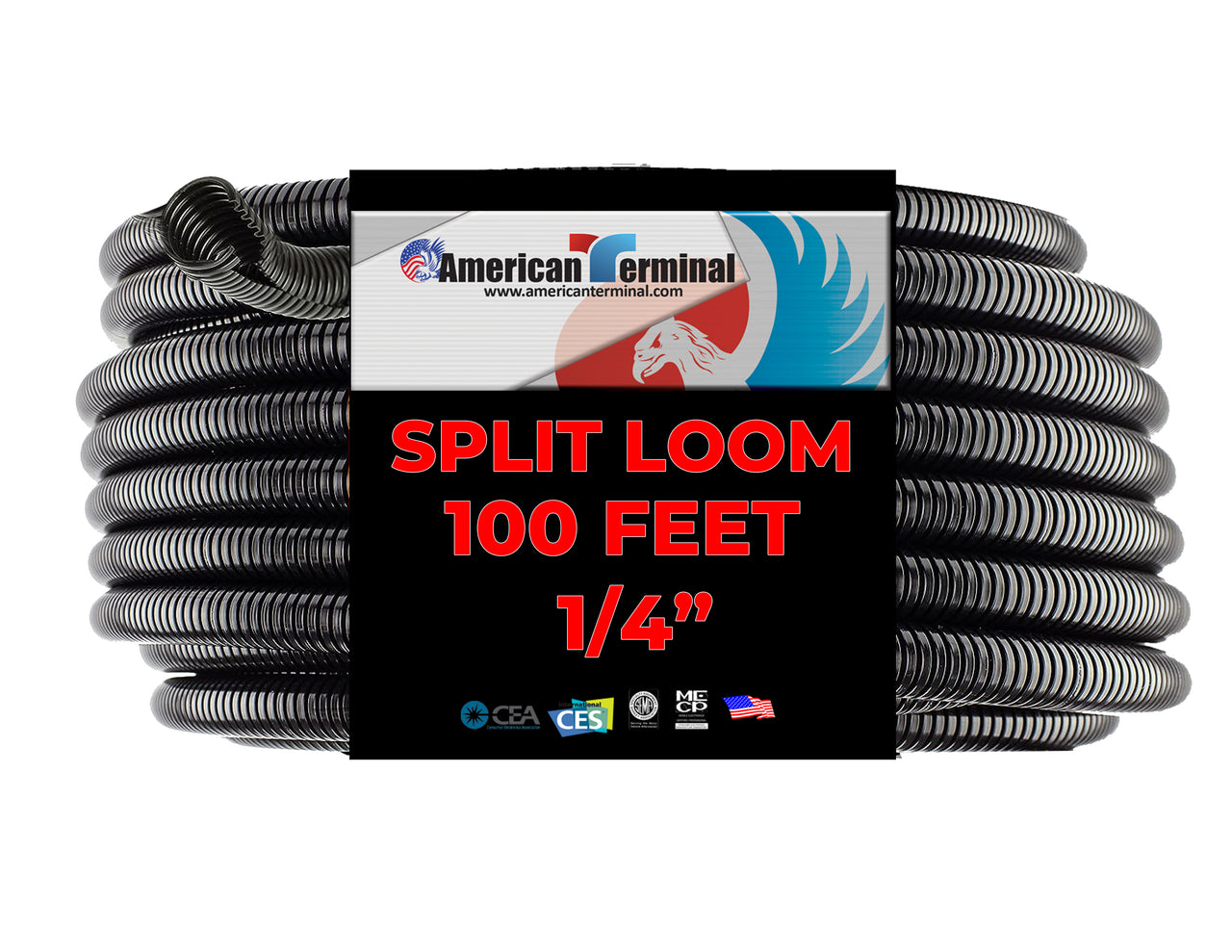 American Terminal 100 Feet Black 1/4" Split Loom Split Wire Loom Conduit Corrugated Plastic Tubing Sleeve