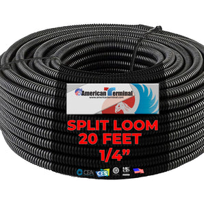 American Terminal 20 Ft 1/4" Split Wire Loom Conduit Polyethylene Tubing Black Color Sleeve Tube