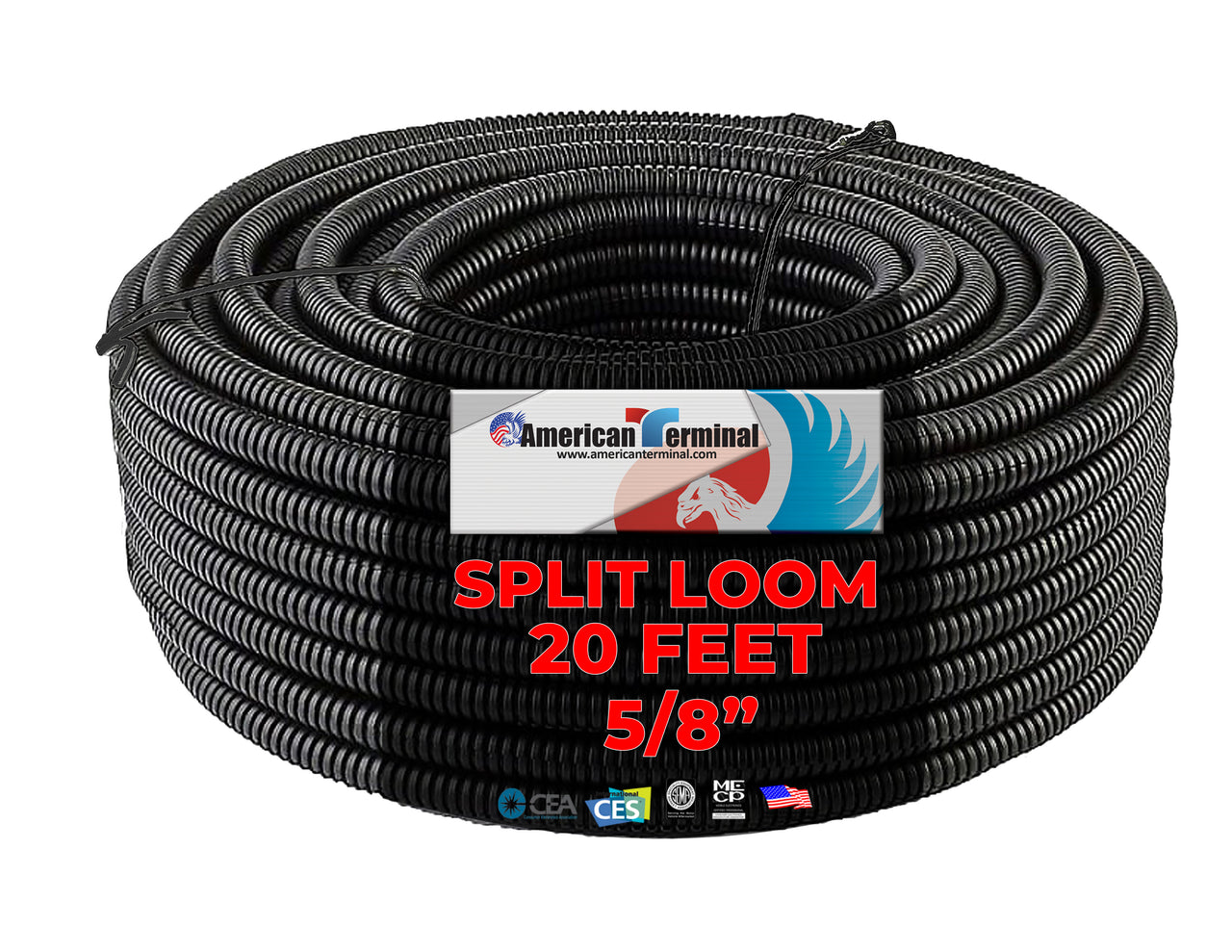American Terminal ASLT58-20 20' 5/8" 15mm Split Wire Loom Conduit Polyethylene Corrugated Tubing Sleeve Tube