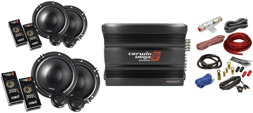 Cerwin Vega CVP1600.4D Amp + 2 XED650C Speakers + Amp Kit + Mobile Bracket & Tape