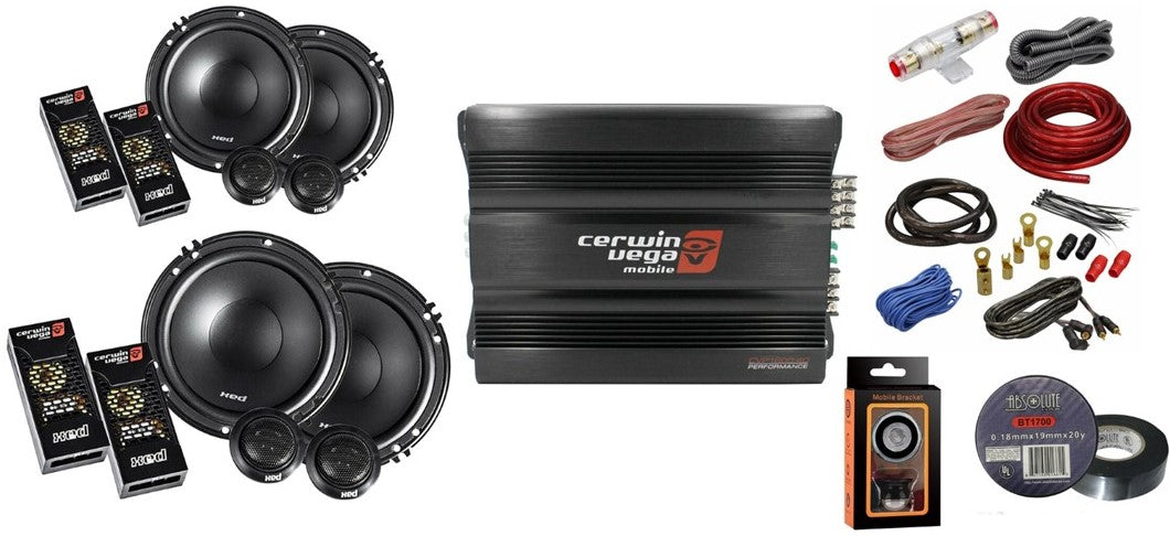 Cerwin Vega CVP1600.4D Amp + 2 XED650C Speakers + Amp Kit + Mobile Bracket & Tape