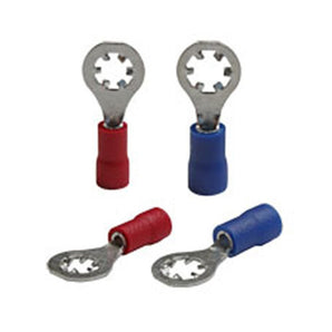 Install Bay BVSRT8 blue #8 star ring terminal and assorted terminals in red and blue, ideal for electrical applications.