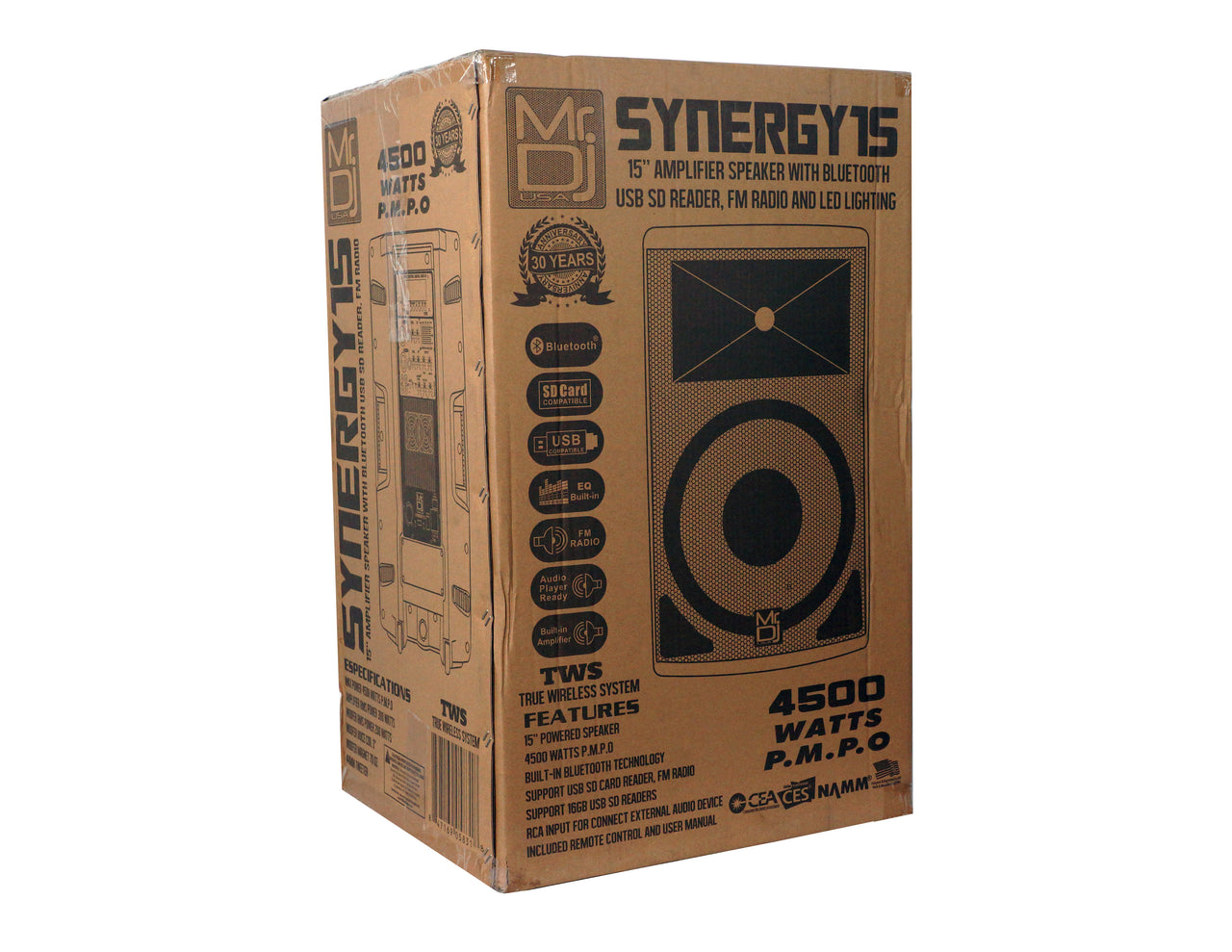 MR DJ SYNERGY15 15" Wireless Portable PA Speaker System 4500W High Powered Bluetooth Indoor and Outdoor DJ PA Sound Stereo Loudspeaker USB SD MP3 AUX Input Flashing Party Light & FM Radio