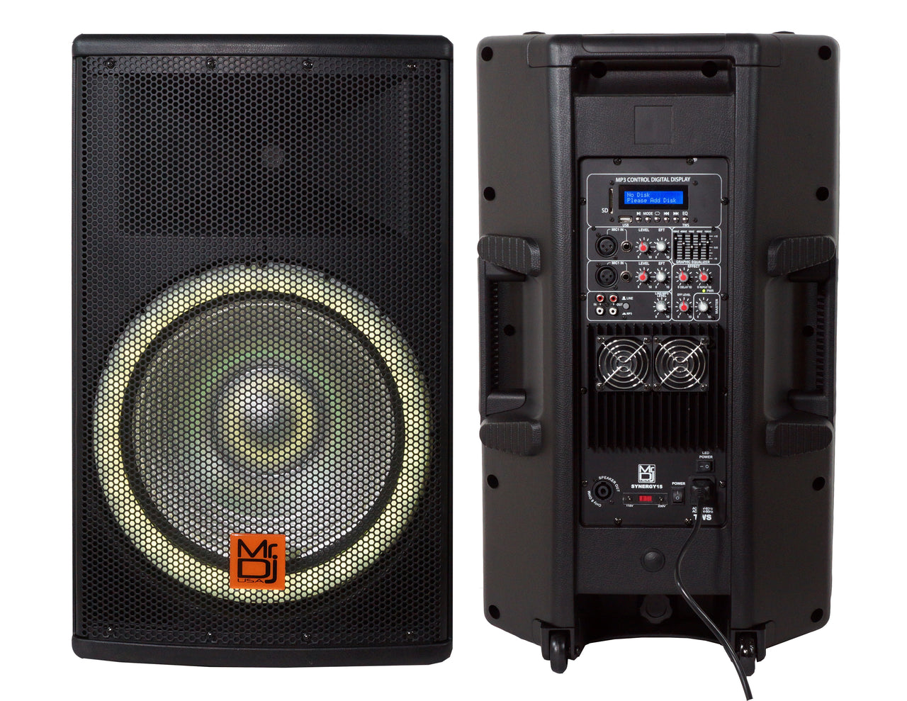 MR DJ SYNERGY15 15" Portable Bluetooth PA Speaker System 4500W Bluetooth Speaker Portable PA System with Microphone input, Party Lights, MP3/USB SD Card Reader, Rolling Wheels