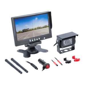 iBeam TE-WMCE Universal Wireless 7" Monitor and Commercial Camera system with accessories and display.