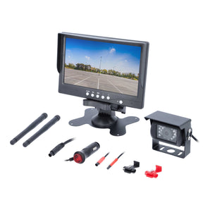 iBeam TE-WMCE Universal Wireless 7" Monitor and Commercial Camera system with accessories and display.