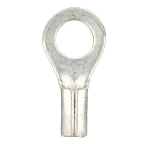 Uninsulated ring terminal for 22-18 gauge wire, made of metal, designed for reliable electrical connections, package of 100.