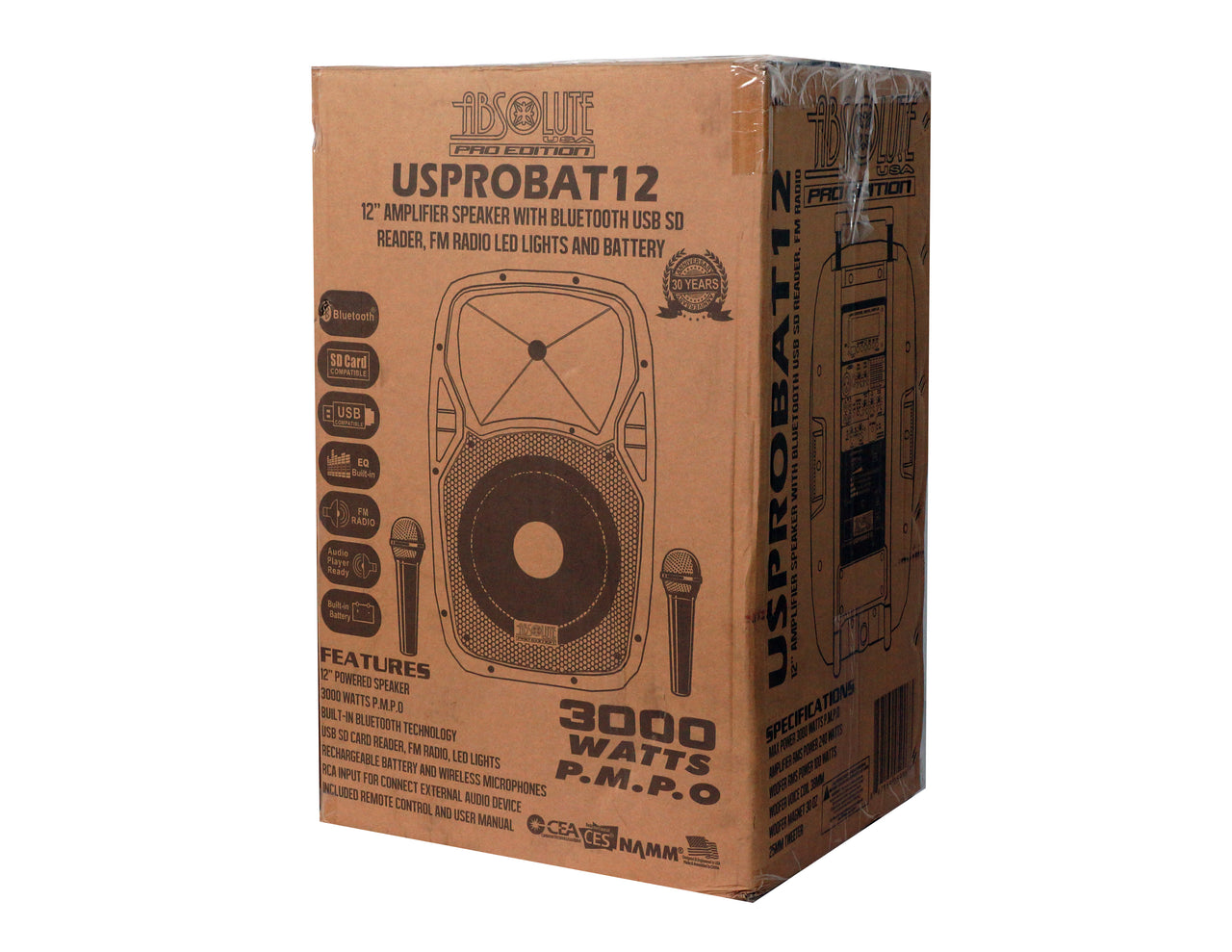 Absolute USPROBAT12 3000 Watts Professional 12" Speaker PA System 2 Wireless Mics Bluetooth Rechargeable