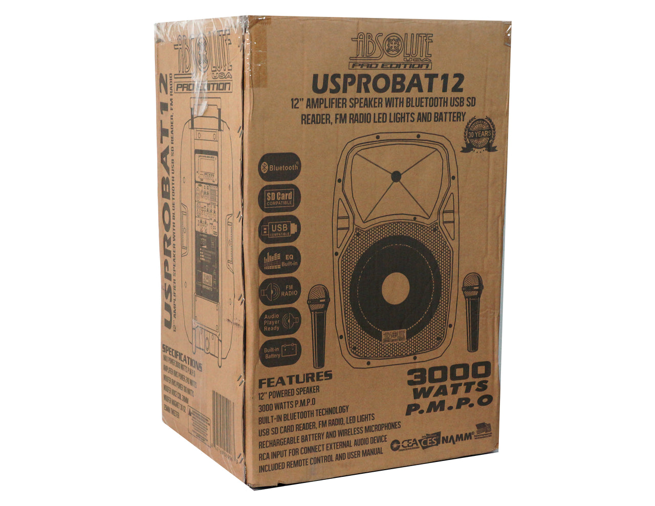 Absolute USA USPROBAT12 <br/>12" 3000 Watts Max Power Speaker Built-in Battery/Bluetooth/Amplifier/SD/USB/FM Radio