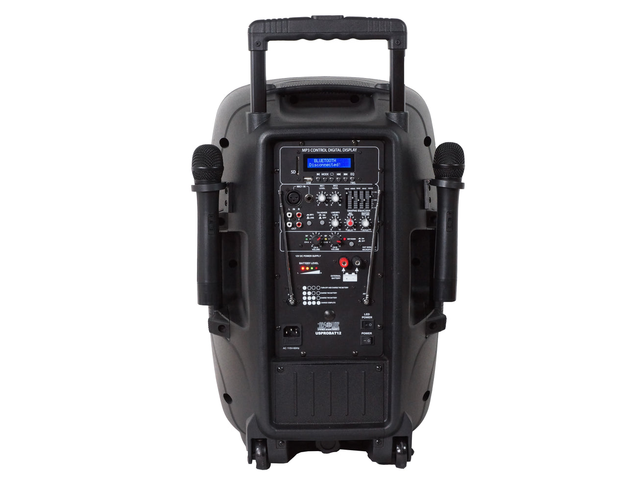 Absolute USPROBAT12 3000 Watts Professional 12" Speaker PA System 2 Wireless Mics Bluetooth Rechargeable