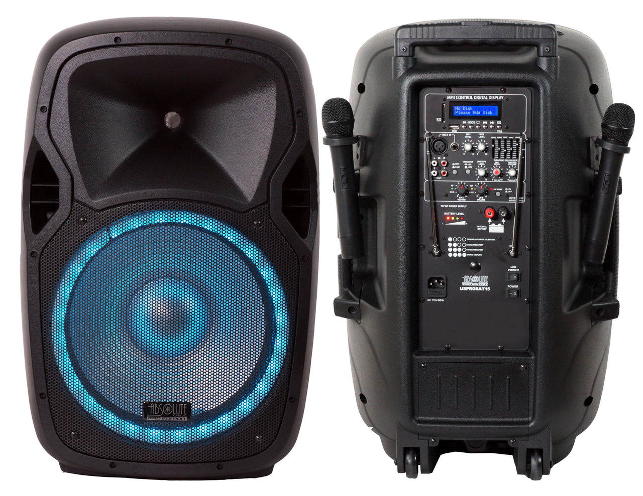 Absolute USA USPROBAT15 15" Portable Bluetooth PA Speaker System 3500W Rechargeable Outdoor Bluetooth Speaker Portable PA System w/ 2 Wireless Microphone, MP3 USB SD Card Reader, FM Radio, Rolling Wheels, Remote