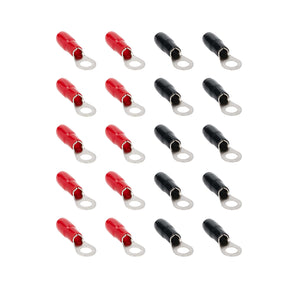 T-SPEC V8-RTN10-20 4 AWG ring terminal 20pk in red and black, featuring nickel plated connectors.