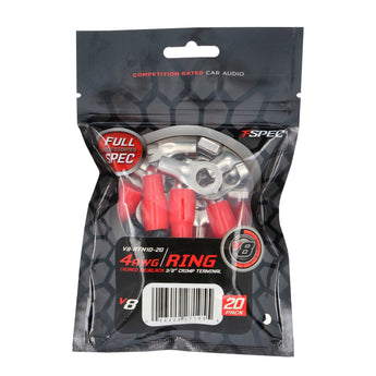 T-SPEC V8-RTN10-20 4 AWG 3/8IN ring terminal pack containing 20 nickel plated terminals for car audio.