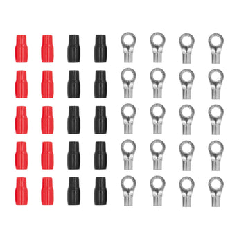 T-SPEC V8-RTN10-20 4 AWG ring terminal 20pk in red and black, featuring nickel plated connectors.