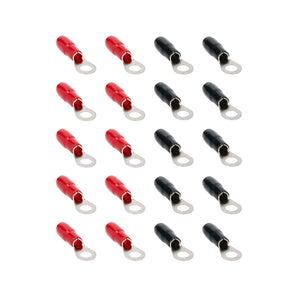 T-SPEC V8-RTN18-20 ring terminal 20 pack featuring red and black nickel plated connectors.