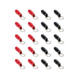 T-SPEC V8-RTN18-20 ring terminal 20 pack featuring red and black nickel plated connectors.