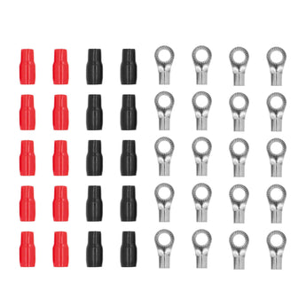 T-SPEC V8-RTN18-20 ring terminal 20 pack featuring red and black nickel plated connectors.