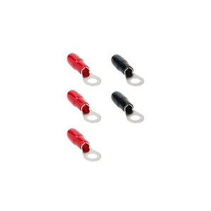 T-SPEC V8-RTN18 8 AWG ring terminal 5 pack in red and black colors, nickel plated for reliable connections.