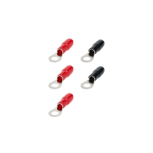 T-SPEC V8-RTN18 8 AWG ring terminal 5 pack in red and black colors, nickel plated for reliable connections.