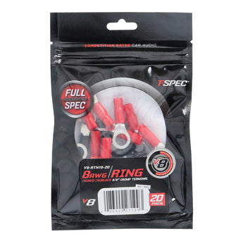 T-SPEC V8-RTN19-20 8 AWG ring terminal pack showing 20 nickel plated connectors in a clear bag