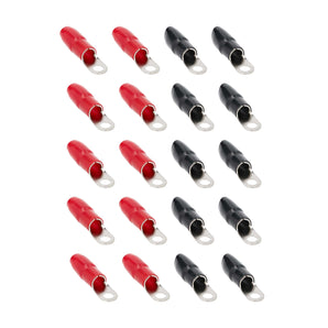 20 pack of T-SPEC V8-RTN3-20 ring terminals in black and red, featuring 3/8 inch connection for secure wiring.