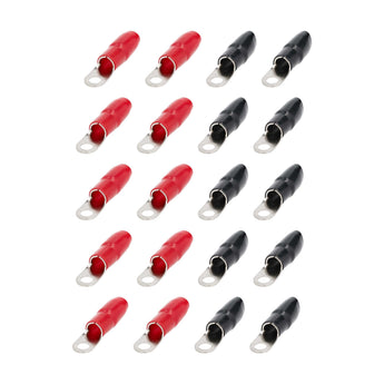 20 pack of T-SPEC V8-RTN3-20 ring terminals in black and red, featuring 3/8 inch connection for secure wiring.