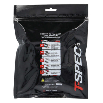 T-SPEC packaging for V8-RTN3-20 1/0 AWG 3/8IN Ring Terminal 20pk featuring product details and warning.