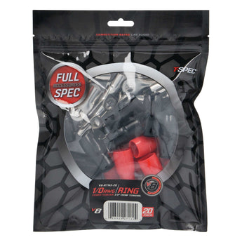 T-SPEC V8-RTN3-20 1/0 AWG ring terminal packaging with 20 pack of nickel plated terminals and accessories.