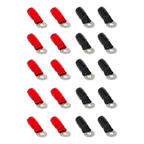 20 pack of T-SPEC V8-RTN8-20 4 AWG 1/4IN ring terminal in red and black colors.